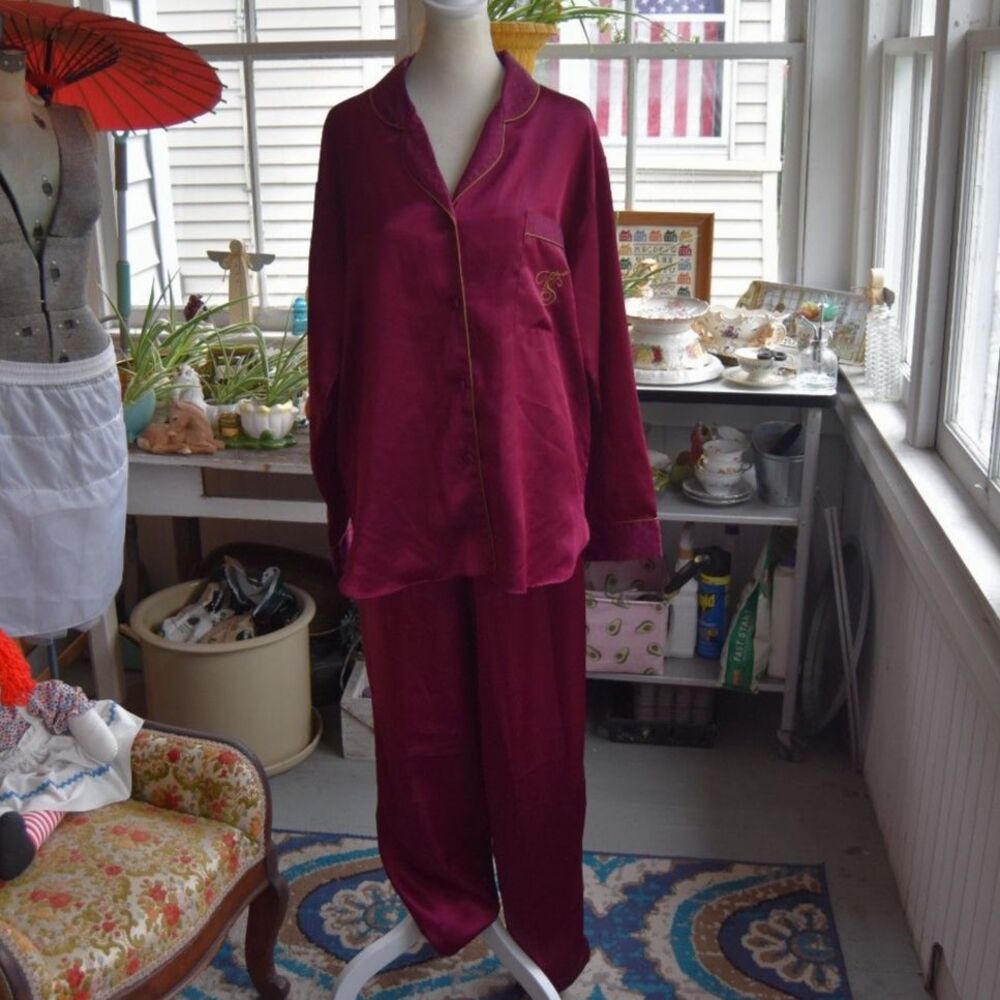 Vintage Gold Label Victoria’s Secret Pajamas Burgundy Satin Gold Trim 2 Piece M